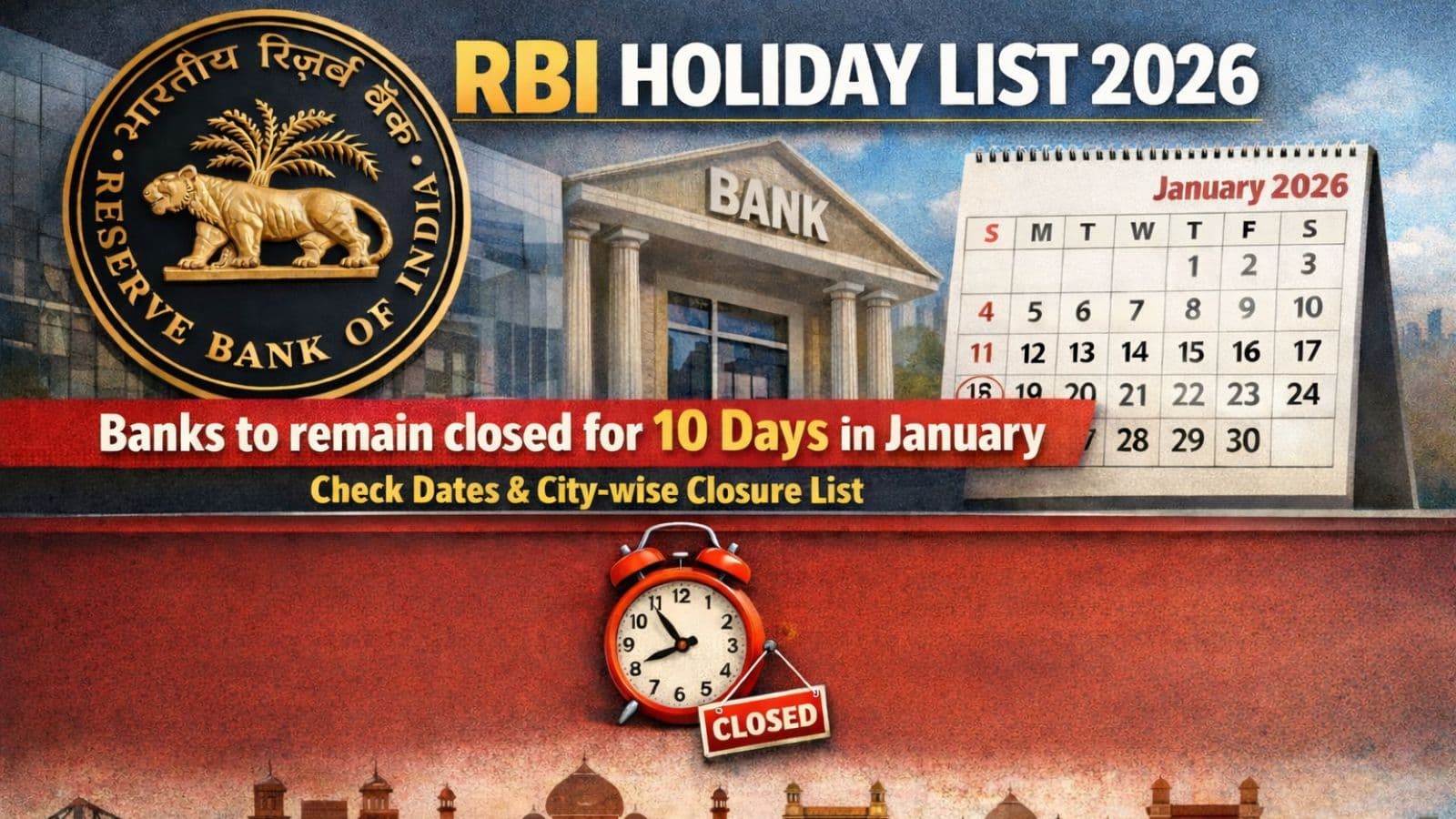 RBI Holiday List 2026: Banks to remain closed for 10 days in January – Check dates & city-wise closure list